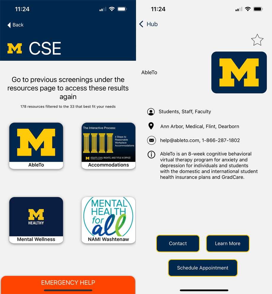 Two Healing Blue app screenshots showing filtered resource results and a resource detail page with contact information.