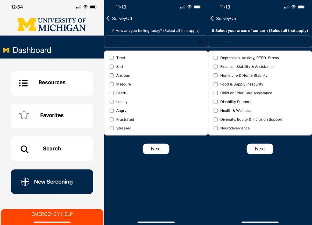 Three Healing Blue app screenshots showing the dashboard and screening questions about mood and areas of concern.