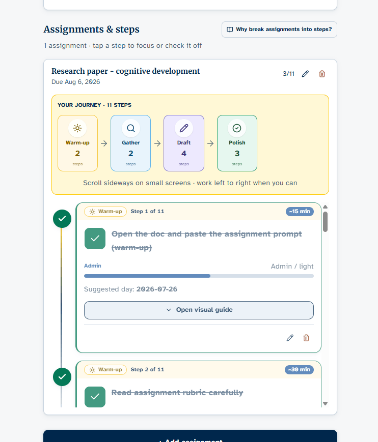 NeuroNavigator screenshot: Assignments as a journey