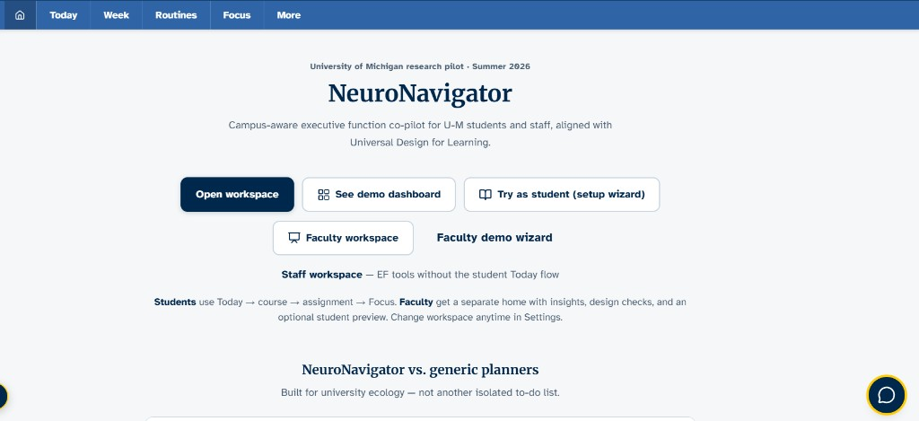 NeuroNavigator home screen describing a campus-aware executive function co-pilot for U-M students and staff.